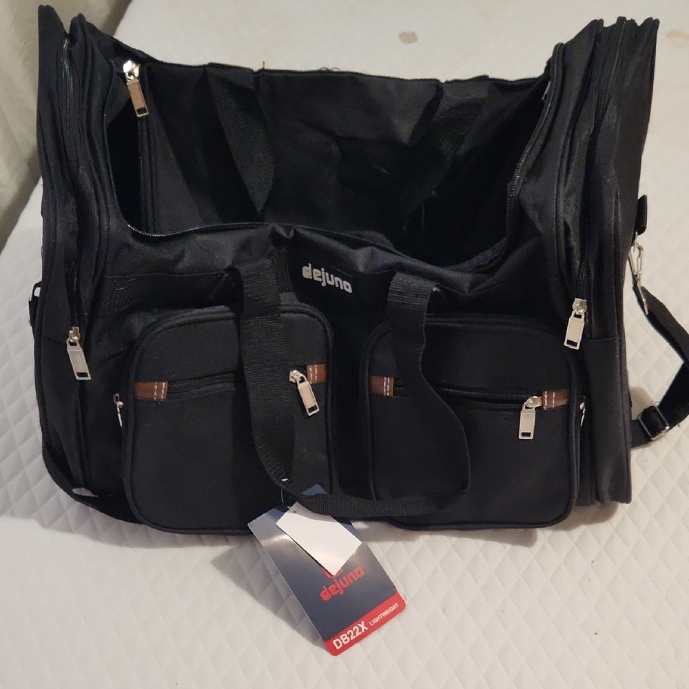 Black Multi-Pocket Duffel Bag with Silver Zippers